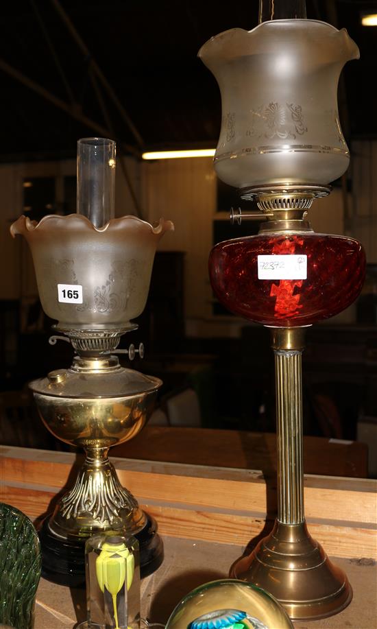Two Victorian brass and glass oil lamps
